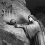Text: "Nortt", "Døden...". Eine Frau in langem Gewand kniet vor einem Totenkopf auf einem Felsen, mit melancholischem Ausdruck., CD