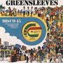 „GREENSLEEVES“, „DISCO 45“, Adresse in London. Reggae-Illustration mit tanzenden Menschen, Plattenspieler und Musiker., Single 12"