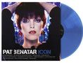 "PAT BENATAR ICON" steht oben, gefolgt von Songtiteln. Frau mit kurzem Haar, blauem Hintergrund, blaues Vinyl hinter ihr., LP