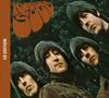 "RUBBER SOUL" in großer brauner Schrift oben. Links steht "CD EDITION". Vier Männer mit schulterlangem Haar schauen schräg.