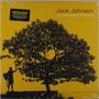 Text: "Jack Johnson - In Between Dreams." Schwarzer Baumschatten und eine Silhouette mit Gitarre auf gelbem Hintergrund., LP