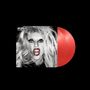 Text: „LADY GAGA BORN THIS WAY“. Schwarz-Weiß-Porträt mit rotem Schallplatten-Set., 2 LPs