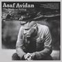 "Asaf Avidan, The Study on Falling, Songtitel rechts. Oberes Bild: Holzstruktur, unteres Bild: Nachdenklicher Mann in Schwarz-Weiß.", LP