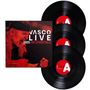 "VASCO LIVE 2025 THE ESSENTIALS" in Weiß und Rot, Sänger mit Mikrofon. Drei schwarze Schallplatten mit rotem Label.