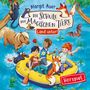 Text: Margit Auer, Die Schule der magischen Tiere, Land unter!, Hörspiel. Kinder und Tiere in einem gelben Schlauchboot auf Wasser.