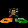 "The Who" Album "A Quick One". Zwei bunte Schallplatten, orange und grün, liegen vor einem Albumcover mit buntem Design., 2 LPs