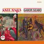Text: "jazz raga", "GABOR SZABO", "STEREO". Links ein Foto von einem Paar, rechts eine bunte Illustration mit Musikern., LP