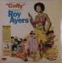 Soundtrack von "Coffy", komponiert von Roy Ayers. Illustration einer Frau mit Waffe, im Hintergrund Szenen von Gewalt., LP