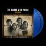 "The Mamas & The Papas Collected" in weiß und gelb. Sepia-Porträt von vier Personen, zwei blaue Schallplatten daneben., 2 LPs