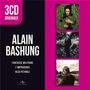 "3CD ORIGINAUX, ALAIN BASHUNG, FANTAISIE MILITAIRE, L'IMPRUDENCE, BLEU PÉTROLE." Links Text, rechts 3 Fotos übereinander., 2 CDs