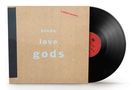 Text: "hindu love gods". Eine Schallplatte ragt aus einem minimalistischen, kartonfarbenen Albumcover hervor.