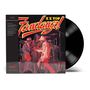 "ZZ Top Fandango!" in gelber und roter Schrift. Drei Musiker auf der Bühne mit Gitarren, Schlagzeug im Hintergrund. Vinyl sichtbar.