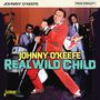 "JOHNNY O'KEEFE REAL WILD CHILD." Ein Mann in rotem Anzug singt, begleitet von einer Band, darunter ein Saxophonist und Gitarrist., CD