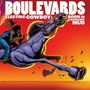 „BOULEVARDS ELECTRIC COWBOY: BORN IN CAROLINA MUD.“ Eine dynamische Illustration eines entschlossenen Reiters auf einem Pferd.