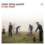Text: "vision string quartet in the fields". Vier Männer mit Streichinstrumenten stehen auf einer nebligen Wiese.