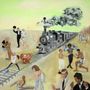 Keine sichtbaren Texte. Eine surrealistische Darstellung mit Menschen, einem Zug und verschiedenen Aktivitäten auf einem Gleis., LP