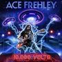 'Ace Frehley' und '10,000 Volts'. Eine Illustration: Gitarrist mit Gitarre, umgeben von Blitzen und UFOs im Weltraum., LP