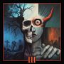 Text: "III". Surrealistische Illustration, eine Mischung aus Totenkopf, Hand, menschlichem Gesicht und Baum mit Friedhof., CD