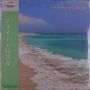 Japanischer Text auf grünem Streifen. Strand mit türkisfarbenem Wasser und leichtem Wellengang, blauer Himmel., 2 LPs