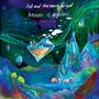 Text: "lsd and the search for god, heaven is a place." Illustration von schwebenden Inseln, Stadt, Bäumen und leuchtenden Farben., CD