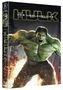 Text: "HULK DER UNGLAUBLICHE". Illustration eines großen, starken grünen Wesens in einer Stadt, mit Feuer im Hintergrund.