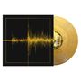 "CONVERGE" und "HUM OF": Gelbe Wellenform auf schwarzem Hintergrund, überlagernde goldene Vinyl-Schallplatte., LP