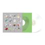 Texte: "Heavenly Divine Spiritual Lovely Dior". 
Eine weiße Vinyl-Schallplatte steckt teilweise in einem 
grünen Cover, das daneben liegt., LP