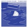 „MILD HIGH CLUB  TIMELINE“. Illustration: Blaue, umgekippte Flasche, weiße Blume im verschütteten Inhalt.