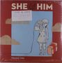 "SHE & HIM", "VOLUME TWO". Illustration: Mädchen mit Dosentelefon, Koffer daneben, Wolken im Hintergrund, blauer Himmel., LP