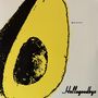 Text: "MUSIC IS LOVELY AND GUAC", "Hellogoodbye". Illustration einer Avocado-Hälfte in gelb und schwarz., LP