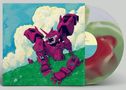 Ein lilafarbener Roboter auf einem grünen Hügel mit Wolken im Hintergrund. Daneben eine bunte Schallplatte., LP