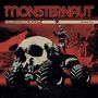 "Monsternaut", "Approaching Doom", oben. Illustration eines Wagens mit riesigem Totenschädel, Krieger und roter Hintergrund., CD