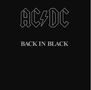 Der Text zeigt "AC/DC" und darunter "BACK IN BLACK". Schwarzer Hintergrund, weiße Schrift.