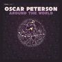 "OSCAR PETERSON AROUND THE WORLD." Ein Löwe mit Krone spielt Klavier, umgeben von Musiknoten, in einem stilisierten Design., LP