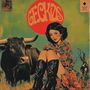 Geckos. Illustration: Frau in geblümtem Kleid und Stiefeln neben einem Stier, vor roter Scheibe und grünem Hintergrund., LP