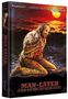 "MAN-EATER (DER MENSCHENFRESSER)" unten. Illustration eines Mannes, der Fleisch isst, vor einem roten Himmel und der Sonne.