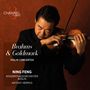 Text: Brahms & Goldmark Violin Concertos. Ning Feng. Konzerthausorchester Berlin. Antony Hermus.  
Mann spielt Geige vor braunem Hintergrund.