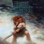 "Eternal Champion" in markanter Schrift. Ein muskulöser Krieger mit Schwert und rotem Haar in dramatischer Landschaft., LP