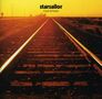 Text: "starsailor love is here." Sonnenuntergang über Eisenbahnschienen in einer ländlichen Landschaft., CD