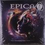 Texte: "EPICA", "The Holographic Principle". Eine Illustration mit kosmischem Hintergrund und einem Gesicht aus Fragmenten.
