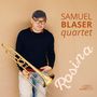 "Samuel Blaser Quartet" und "Rosina" in braunem und weißem Text. Ein Mann mit Brille hält eine Posaune., CD