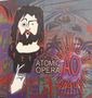 „ATOMIC OPERA“, „AO“, „alpha & omega“. Illustration: abstraktes Gesicht mit Bart und Kreuzen, bunte, verschwommene Muster., CD