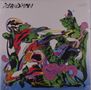 "Islandman". Bunte, abstrakte Kunst mit grünen, roten und violetten Formen, die fließend und dynamisch wirken., LP