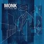 Texte: "VOLUME ONE", "MONK", "LIVE IN PARIS, 1967". Illustration eines stilisierten Mannes mit Hut auf blauem Hintergrund., LP