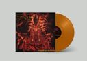 "Crypts of Eternity", gotische Kathedrale mit Flammen und düsteren Figuren, orangefarbene Vinyl-Schallplatte., LP