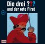"Die drei ??? und der rote Pirat"; Illustration eines Mannes im roten Piratenkostüm mit Degen, Nummer 34., LP