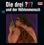 „Die drei ??? und der Höhlenmensch“. Illustration: Mann im Fellgewand spricht in Funkgerät, lila Hintergrund.