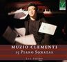 Texte: "Muzio Clementi", "15 Piano Sonatas", "Liu Shibo". Mann am Klavier, umgeben von herabfallenden Notenblättern., 3 CDs