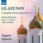 "GLAZUNOV Complete String Quartets • 1, Tippett Quartet." Drei Kuppeln mit goldenen Kreuzen vor einem pastellfarbenen Himmel.