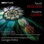 Texte: "Fauré REQUIEM", "Poulenc GLORIA", "SWRmusic". Abstrakte Blumen in Weiß, Grün und Rot auf dunklem Hintergrund., CD
